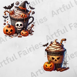 May include: Two Halloween-themed drinks with whipped cream and chocolate sauce. The drinks are in black cups with a skull and spiderweb design. The cups are decorated with pumpkins, bats, and candy canes.