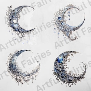 May include: Four ornate silver crescent moons with blue and white details. Each moon has a different design and features intricate swirls and embellishments.