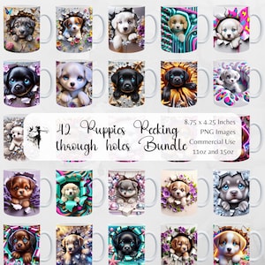 Puppies Mug Wrap PNG Bundle, Puppy Peeking through holes in a wall, Sublimation Design 15oz & 11oz Mug, Dog Lover Mug Print Digital Download
