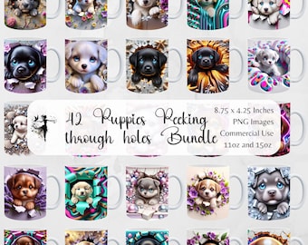 Puppies Mug Wrap PNG Bundle, Puppy Peeking through holes in a wall, Sublimation Design 15oz & 11oz Mug, Dog Lover Mug Print Digital Download