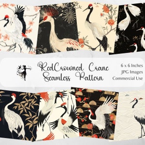 RedCrowned Crane Seamless Pattern Digital Paper Backgrounds Printable Scrapbooking Crafts Diy Junk Journal Japanese Crane Bird Print