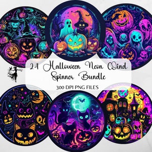 May include: A set of 24 Halloween-themed neon wind spinners. Each spinner features a different design with pumpkins, cats, ghosts, and other spooky elements. The spinners are perfect for adding a festive touch to your home or yard.