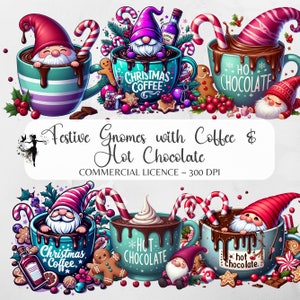 Aquarell Festliche Gnome Clipart Weihnachten Wichtel PNG Weihnachten Kaffee Heiße Schokolade Winter Urlaub Sublimations Bundle Rosa Gnome druckbare Karte