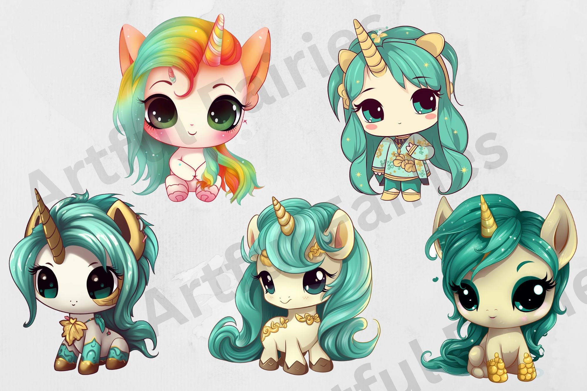 Cute Kawaii Unicorn Clipart Chibi Unicorn Birthday PNG Stickers Fantasy ...
