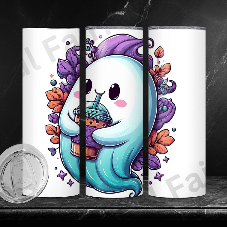 May include: A white tumbler featuring a cute cartoon ghost holding a bubble tea. The ghost is light blue with purple hair and pink cheeks, surrounded by colorful leaves and berries. The tumbler includes a lid.