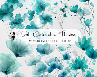 Blaugrüne Blumen Clipart, Blaugrün Blumenmuster druckbare Aquarell Clipart, hochwertige PNGs, digitaler Download, Papiermodell, Junk Journal