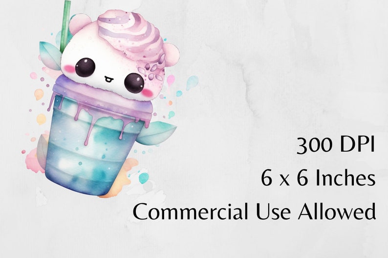 May include: A watercolor illustration of a cute cartoon panda bear wearing a pink and purple ice cream cone with a blue and green drink in a cup. The image has a white background with colorful watercolor splatters.