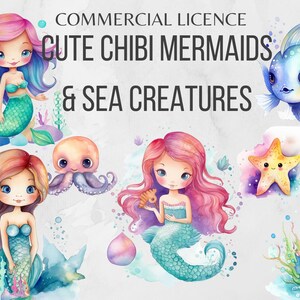 Ensemble de cliparts aquarelle sirène Chibi Clipart kawaii Clipart Chibi bricolage artisanat pépinière Art numérique sirène mignons sirènes colorées PNG