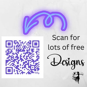 May include: Purple and white QR code with the text "bit.ly" below it. An arrow pointing to the QR code with the text "Scan for lots of free Designs".