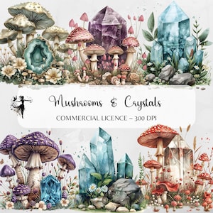 Champignons Clipart cristaux PNG forêt aigue-marine Quartz aquarelle améthyste indésirable journal fournitures autocollants Sublimation scrapbook papier artisanat