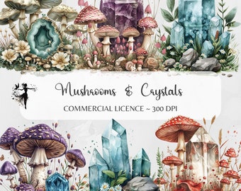 Mushroom Clipart Crystals PNG Forest Aquamarine Quartz Watercolor Amethyst Junk Journal Supplies Stickers Sublimation Scrap book Paper Craft