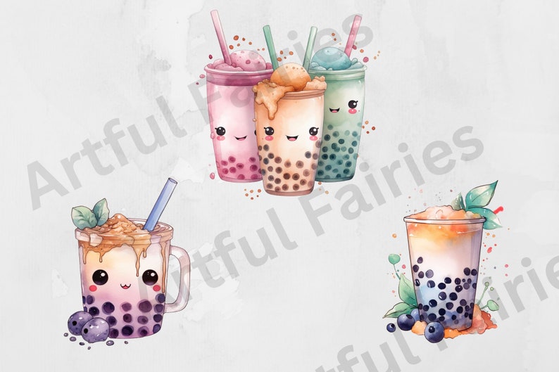 May include: Three cartoon bubble tea cups with smiling faces and colorful tapioca pearls. The cups are filled with pink, orange, and green drinks. The cups have straws and are decorated with a watercolor effect.