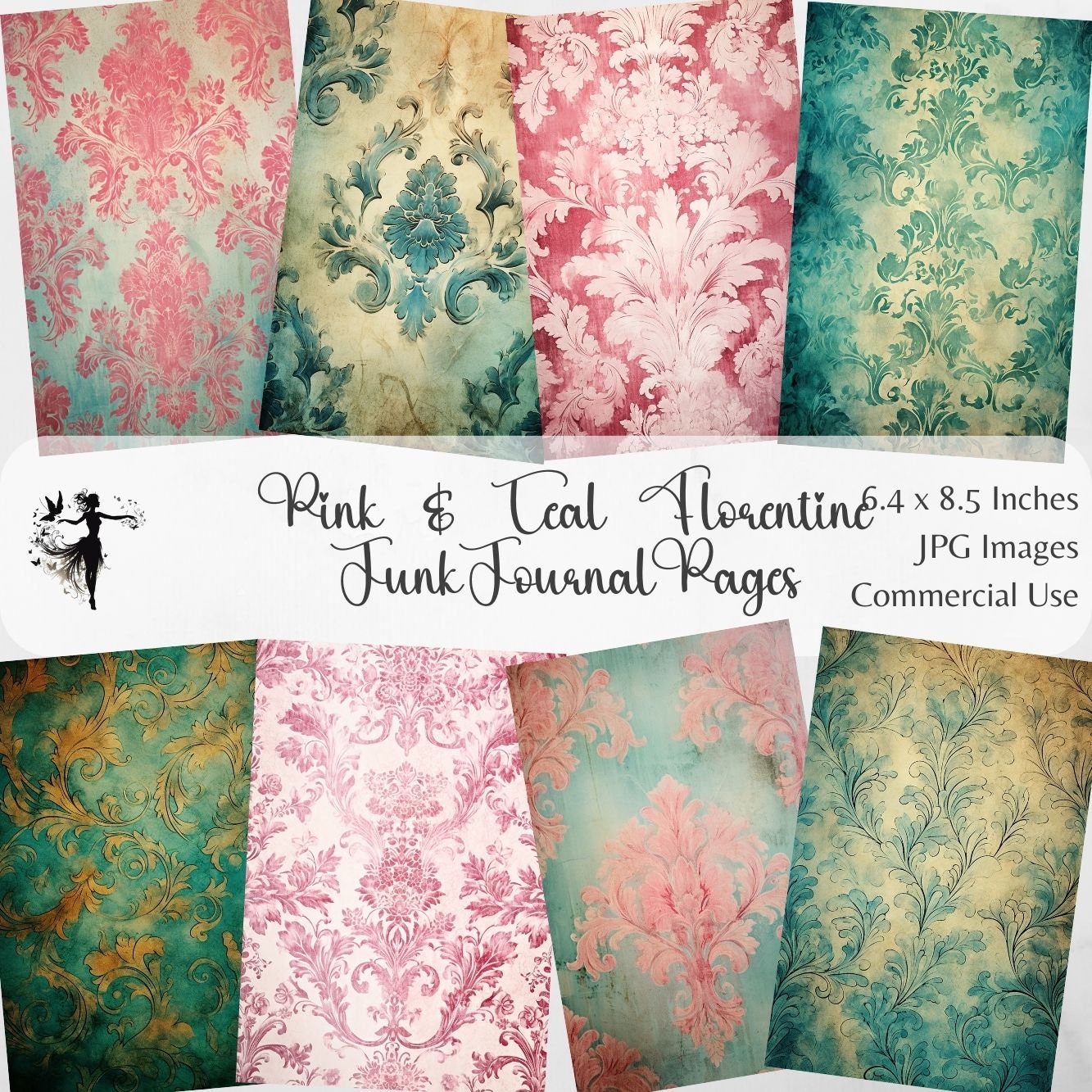 Teal Pink Florentiner Digitales Papier Junk Journal Seiten Scrapbook Papier Kit Shabby Chic Printable Journaling Papiere Vintage Ephemera Papier PNG