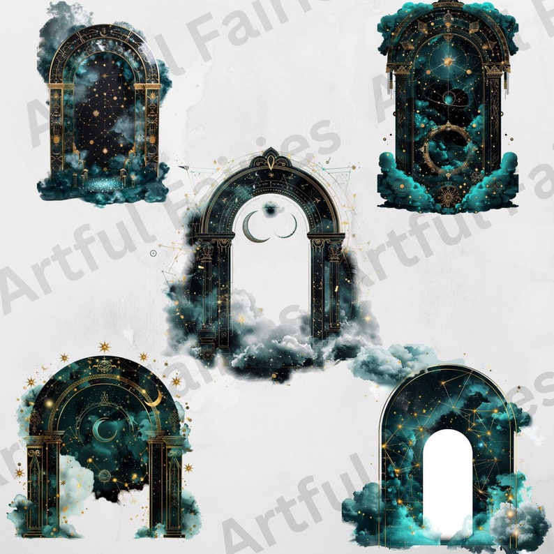 May include: Five digital illustrations of ornate golden archways with a celestial theme. Each archway is set against a background of teal and blue clouds with gold stars and a crescent moon.