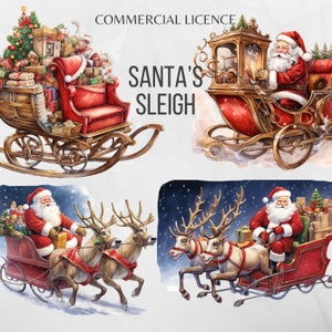 Clipart traîneau du père Noël, traîneau du père Noël, père Noël PNG, traîneau du père Noël, renne, aquarelle, père Noël, png Clipart Noël
