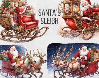 Santa Sleigh Clipart Santa Clause Sleigh Santa Claus PNG Santa Reindeer Christmas Sleigh Watercolor Santa Christmas png Christmas Clipart