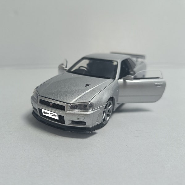 Custom Personalised Name Number Plate Scale Model Car Nissan GT-R R34 Silver Gift Birthday Dad Mum Wife Husband Gift Boxed Product