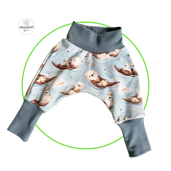 Pumphose für Babys: gemütliche Kinderhose mit süßen Otter -Geschenk zur Geburt -Hose Gr. 56 -86 -handgefertigte Kinderkleidung -mitwachsend