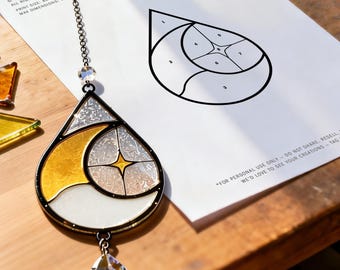 Mond und Stern Suncatcher Glasmalerei Muster | Boho Teardrop Anfänger PDF Vorlage