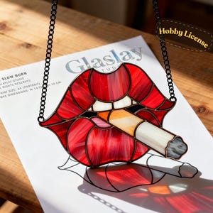 Red Lips & Cigarette Stained Glass Pattern • Modern Pop Art Suncatcher PDF • Beginner Friendly Template