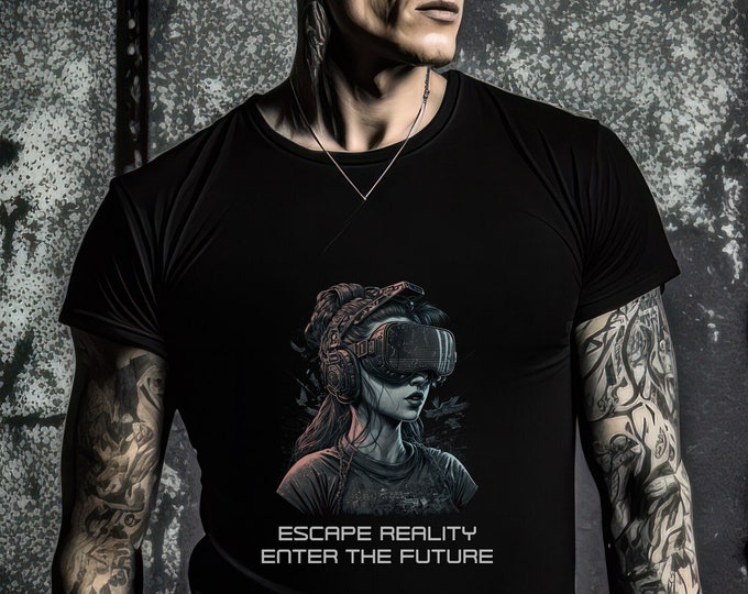 Featured listing image: Futuristic Cyberpunk T-Shirt with Woman in VR Glasses Design - Perfect for Fans of Futuristic Aesthetics