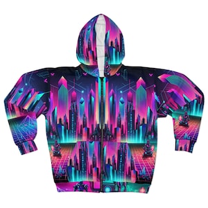 Cyberpunk Neon Zip-Up Hoodie,Unisex All-Over Print, Vibrant Pink,Blue & Purple, USA Made,Futuristic Streetwear, Urban Fashion, Festival Gear