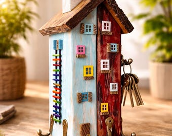 Handmade Wooden House Key Holder: Rustic Wall Hooks, Colorful Decor