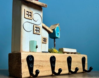 Key Holder, Wooden Key Hooks, Handmade Key Storage, Wooden House with Balloon, Bird House & Garden, Unique Wall Art, Functional Home Decor