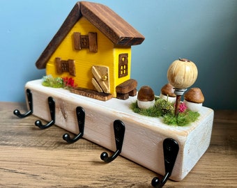 Rustic Handmade Wooden Keyholder: Yellow House & Mushrooms Wall Key Rack