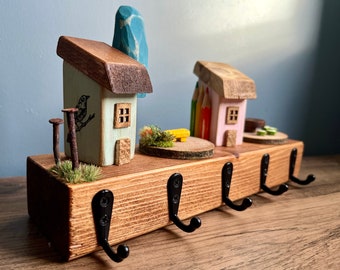 Handmade Wooden Keyholder, Key Storage, Functional Wall Art, Unique Home Decor, Housewarming Gift, Key Hooks, Colourful House, Floral Art