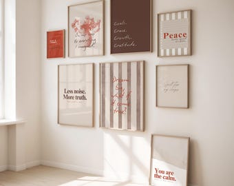 Mindful Affirmation Gallery Wall Bundle | 8 Neutral Prints in Orange Brown | Uplifting Gift for New Home or Healing Space