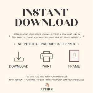 Może przedstawiać: Grafika do pobrania cyfrowego z tekstem "INSTANT DOWNLOAD" w kolorze czarnym na beżowym tle. Grafika zawiera r&oacute;wnież instrukcje dotyczące pobierania, drukowania i oprawiania cyfrowych wydruk&oacute;w artystycznych. Tekst "NO PHYSICAL PRODUCT IS SHIPPED" jest r&oacute;wnież zawarty w grafice.
