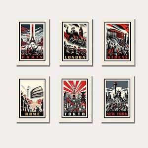 Set de 6 pósteres de propaganda de ciudades distópicas, colección de ciudades de universos alternativos, póster estilo retrofuturista, imprimible estilo comunista