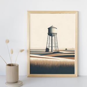 Water Tower Minimalist Printable Wall Art, Modern Country Decor, Farmhouse Print, Natural Tone Country Kitchen Poster, Living Room Decor