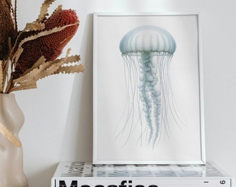 Jellyfish Poster, Ocean Wall Art, Minimalist Vintage Art, Coastal Home Decor, Nautical Printable, Sea Life Poster, Marine Life Blue Wall Art