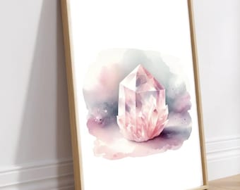 Arte de parede imprimível em aquarela de quartzo rosa, pôster minimalista de minerais, ilustração de pedras preciosas, presente boho chic para garotas apaixonadas por cristais, presente para amantes de pedras preciosas