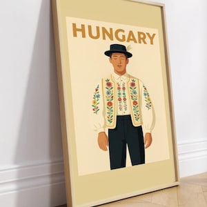 May include: Framed print featuring a stylized illustration of a person in traditional Hungarian attire. The image includes the word "HUNGARY" in a bold, tan font. The person is wearing a black hat, a white shirt, a vest with floral embroidery, and black pants.
