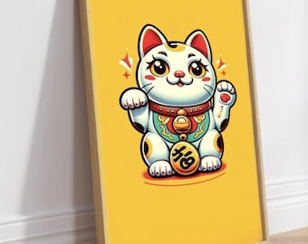 Lucky Cat Printable Poster, Maneki Neko Print, Cat Lover Poster, White Lucky Cat, Japanese Lucky Cat Wall Art, Waving Cat Wall Decor