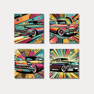 Set of 4 Pop Art Car Prints, 50&#39;s Greaser Wall Art, Retro Printable, Pop Art Decor, Vintage Wall Art Decor, Vibrant Gearhead Wall Decor