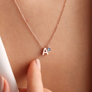 Personalised 3D Letter Necklace with Birthstone, Custom Initial Necklace with Birthstone, Dainty Minimalist Letter Necklace with Birthstone