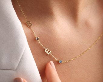 14K Gold Sideways Initial Necklace with Birthstone, Custom Silver Letter Necklace, Personalized Alphabet Necklace, Sideways Letter Necklace