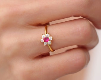 Bague de naissance personnalisée en or 14 carats, bague fleur délicate, bague marguerite personnalisée, bagues pour femme, cadeau pour grand-mère, cadeau de fête des mères