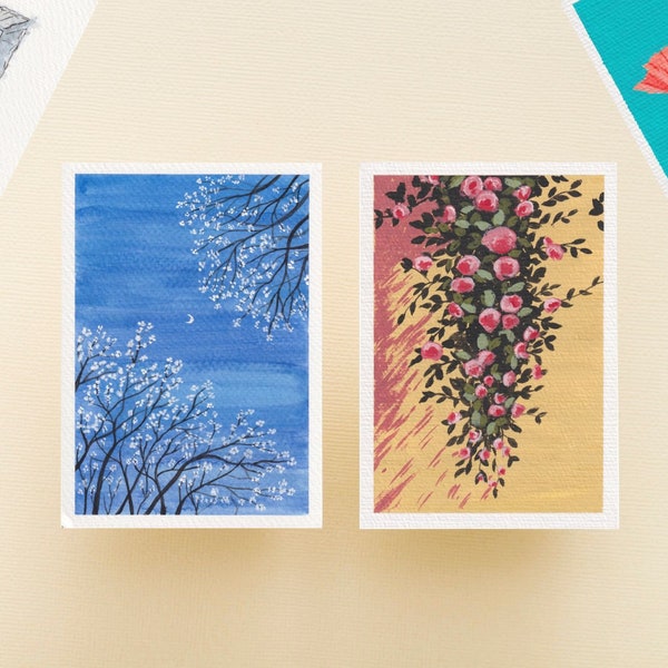 Originele echte handgeschilderde bloemenansichtkaarten met acryl op A6-ansichtkaartpapier, optie Direct verzenden en gratis tekst toevoegen