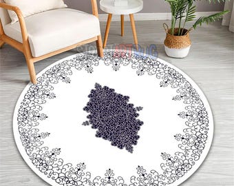 White Round Damask Rug - Black Medallion Carpet
