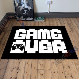 Black Game Over Rug: Gaming Room Decor, Controller Carpet