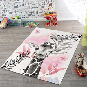 Cute Giraffe Rug, Animal Kids Mat, Children Room Carpet, Nursery Decor, Floral Rug