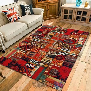 Czerwony dywan patchworkowy boho – dywan do salonu w stylu kilim plemienny