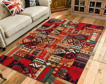 Red Bohemian Patchwork Rug - Tribal Kilim Style Living Room Carpet