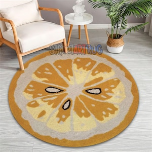 Lemon Round Rug, Fruit Themed Kitchen Carpet, Yellow Cooking Mat, Dining Room Rug