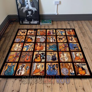 May include: A rectangular area rug featuring a grid of guitar illustrations in various styles and colors, including acoustic, electric, and bass guitars. The rug has a black border and is placed on a wooden floor.